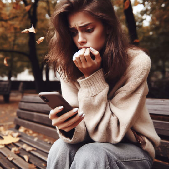 Девушка нервно смотрит в телефон